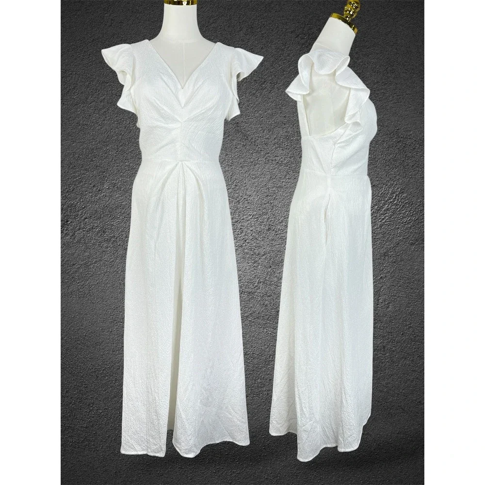ASTR The Label White Textured Maxi Dress V-Neck Ruffle Sleeve ACDR100531 Small